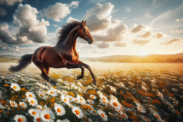 Dark horse in a summer landscape gallops through a chamomile field against a background of blue sky with clouds on a sunny day - obrazy, fototapety, plakaty