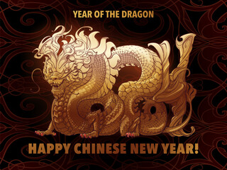 The Year of Dragon Holiday Poster or Postcard. Zodiac symbol of the New Year 2024. Dragon body curved to form 2024. Golden dragon isolated on a black textured background. NOT AI. EPS10 vector.