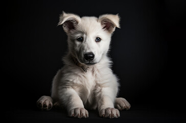 small White Swiss Shepherd puppy in a dark room