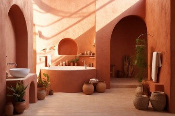 Panorama of a bathroom with terracotta. Generative AI