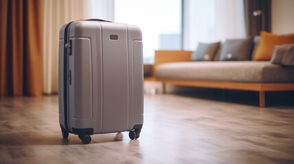 Luggage Journey: Step into a Hotel Room, where a Suitcase Awaits Unpacking, Initiating a Traveler's Retreat Filled with Comfort, Relaxation, and the Anticipation of Exploration. - obrazy, fototapety, plakaty