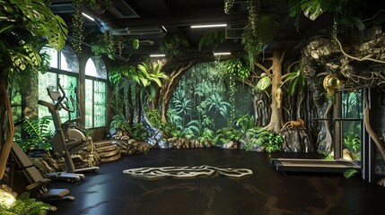 A gym with a jungle theme, featuring artificial trees, vines, and animal murals