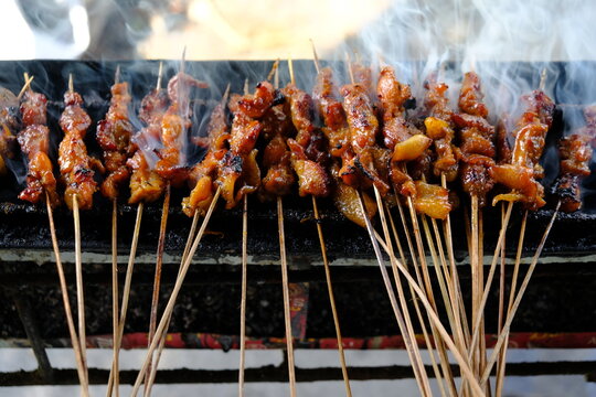 Sate Ambal is a chicken satay typical of the Kebumen area of Central Java. This satay is made from chicken meat seasoned with spices. Sate is cooked by grilling on a charcoal grill. Indonesian food.
