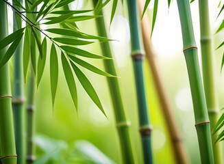 Bamboo leaves, Green leaf on blurred greenery background. Fresh Bamboo Trees In Forest With Blurred Background in sunlight. Natural background