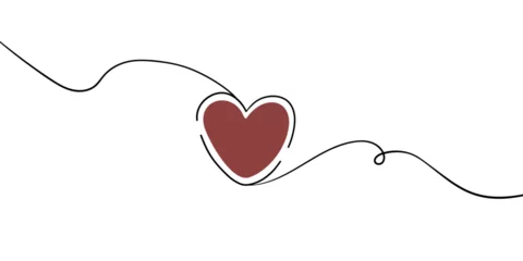Papier Peint photo autocollant Une ligne 14 February minimalist line art red heart illustration isolated on white background. Happy Valentine's Day one line art drawing. Continuous one-line drawing red heart. Outline vector illustration
