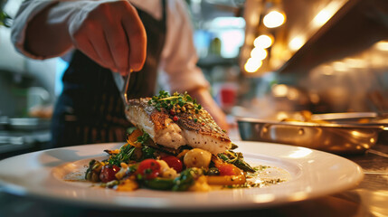 Close-up of Chef in Commercial Kitchen Preparing Grilled Codfish for Service.




