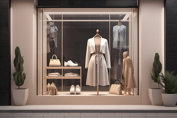 Display window of fashion or clothing boutique shop with blank clean signboard mockup for offers or sale season design.
