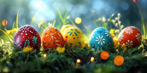 Obraz na płótnie Canvas Easter background with coloured eggs. AI generative.