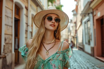 A photo of a vintage summer look with retro-inspired outfit and accessories, in an old-town street, in a classic