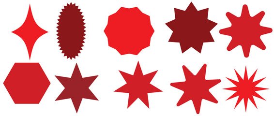 Obraz premium Set of vector starburst, sunburst badges. Nine different color. Simple flat style Vintage labels. Design elements. red stickers. A collection of different types and colors icon