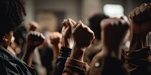 A unified crowd of individuals, with determination etched and solidarity in their raised fists, stands together in a show of strength and resilience