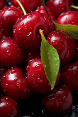 Dew-Kissed Fresh Cherries with Vibrant Green Leaf created with Generative AI technology