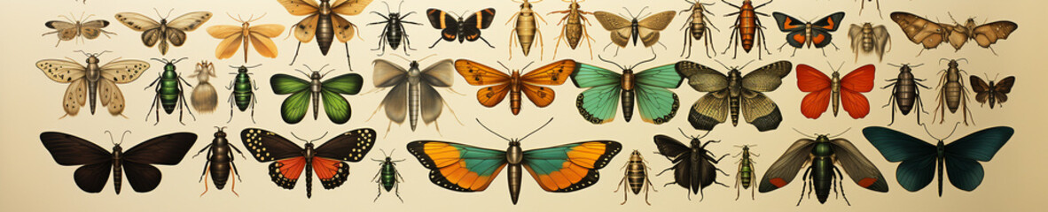 coloured engravings of the 19th century with entomological collections. AI generative.