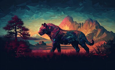 A majestic low poly tiger stands tall in a vibrant field, surrounded by lush mountains and the freedom of the great outdoors