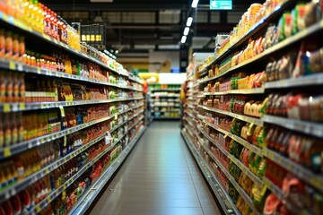 Supermarket, Discover the diverse assortment of products in the long and bright aisle. Generative AI - obrazy, fototapety, plakaty