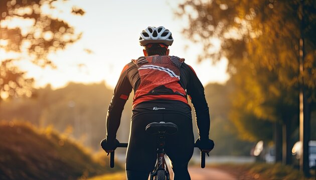 Close Up Of Man In Sport Clothing Standing Behind Nature With Black Bicycle. Athlete Cyclist In Outdoor Nature Healthy Active Lifestyles.