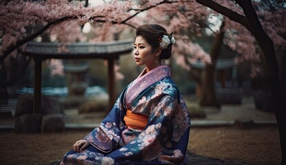 Fototapeta premium A geisha woman adorned in a traditional kimono sits serenely under a blooming tree, her elegant robe blending seamlessly with the natural surroundings