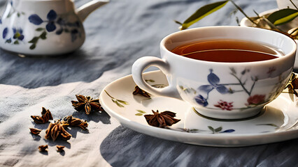 Obraz na płótnie Canvas photo of a warm teacup and tea leaves on a wooden table. generative AI,