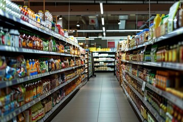 Supermarket, Discover the diverse assortment of products in the long and bright aisle. Generative AI - obrazy, fototapety, plakaty