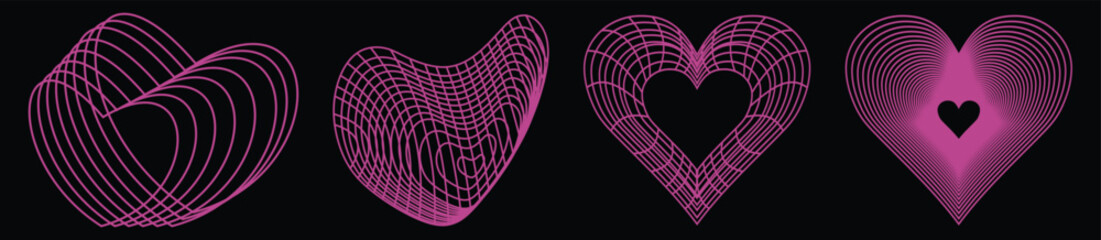 Grid wireframe hearts. Geometry cyberpunk  shapes in neon pink color in trendy psychedelic rave style. 2000s Y2k retro futuristic aesthetic. Happy Valentines Day.