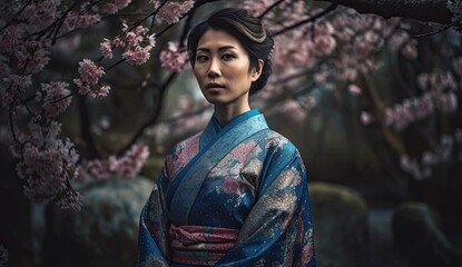 Fototapeta premium A woman's serene expression is framed by a vibrant blue kimono, as she stands among the trees, embodying the beauty and grace of traditional japanese fashion