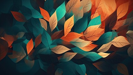 An abstract masterpiece bursting with vibrant hues of turquoise, teal, and aqua, depicting a mesmerizing group of leaves in a dazzling display of colorfulness