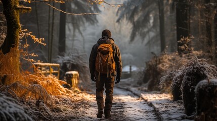 Adventurer backpacker man in winter forest illustration - 713226101