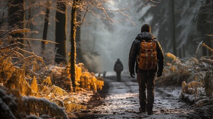 Adventurer backpacker man in winter forest illustration - 713226141
