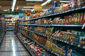Fototapeta na wymiar Supermarket, Discover the diverse assortment of products in the long and bright aisle. Generative AI