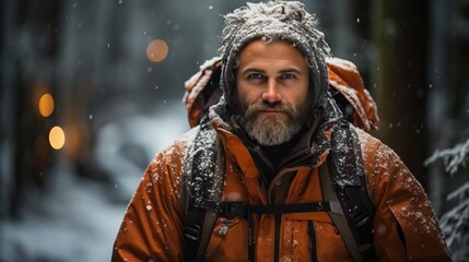 Adventurer backpacker man in winter forest illustration - 713226148