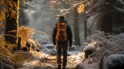 Adventurer backpacker man in winter forest illustration - 713226161
