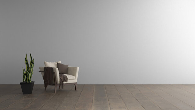Fototapeta empty living room with minimalist design, realistic lighting, interior mockup in 3D rendering 