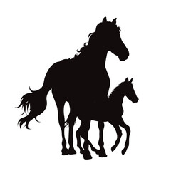 Vector silhouette of a mare with foal on white background. Symbol of family and breeding.