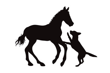 Vector silhouette of horse with dog on white background. Symbol of stallion and pet.