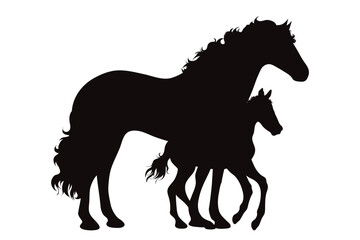 Vector silhouette of a mare with foal on white background. Symbol of family and breeding. - obrazy, fototapety, plakaty