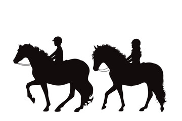 Vector silhouette of children riding a horses on white background. Symbol of animal and horse riding.