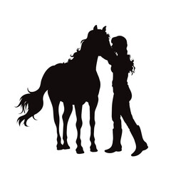 Vector silhouettes of girl with her horse on white background. Symbol of farm. - 713226783