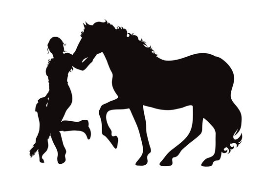 Vector silhouettes of girl with her horse on white background. Symbol of farm.