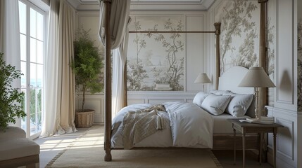 A serene bedroom with a four-poster bed, toile de jouy wallpaper, and soft linen drapes