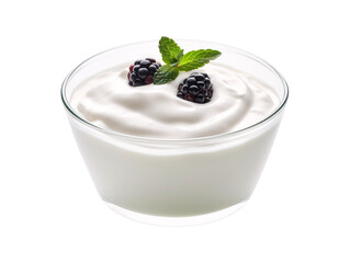 a bowl of yogurt with blackberries and mint leaves