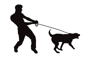 Vector silhouette of a dog pulling a man on a white background. Symbol of pet and disobedience.