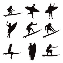 Collection of vector silhouette of man surfing on white background. Symbol of water sport.