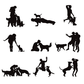Vector silhouette of a girl and boy with their dog on a white background. Collection of different breeds and situations.