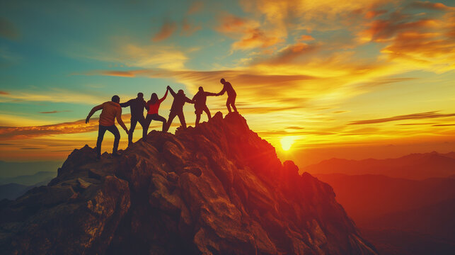 a group of people holding hands helping each other to keep their balance standing on a rocky peak against the background of a beautiful sky and sunrise or sunset showing yellow orange colors