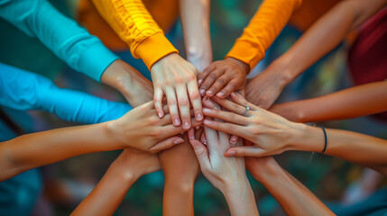 many human hands put their palms together in a circle, bright motivational image