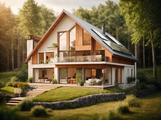 Efficiency energy rating concept. Sustainable development and an eco-house. Ecological house with low consumption on renovation with insulation design. - obrazy, fototapety, plakaty