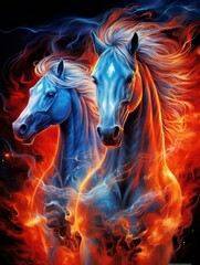 vertical image of blue running fiery horses. concept animals, horses, art