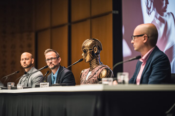 Smart robot takes part in panel of future of conscious AI. Unfolding era of technological evolution by group of scientists during annual meeting, close-up