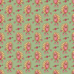 Seamless pattern with cute y2k sunflower character and arrow. Cartoon doodle vector illustration.