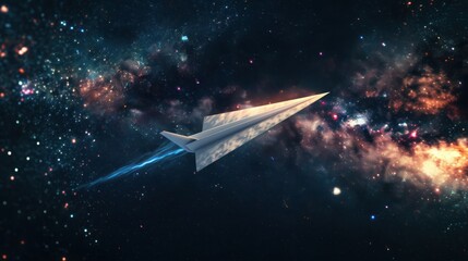 on dark blue background a paper airplane in space flies among the universe and stars. space concept, technology, ideas, creative, airplanes